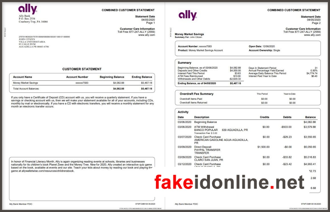 Ally Editable Word Bank Statement